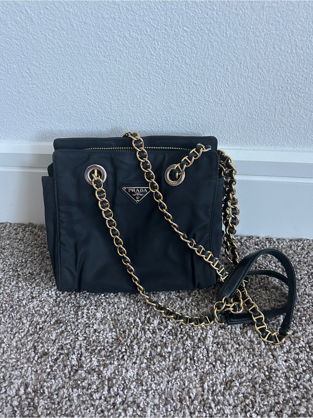 Prada Black Nylon Shoulder Bag with Gold Chain Straps